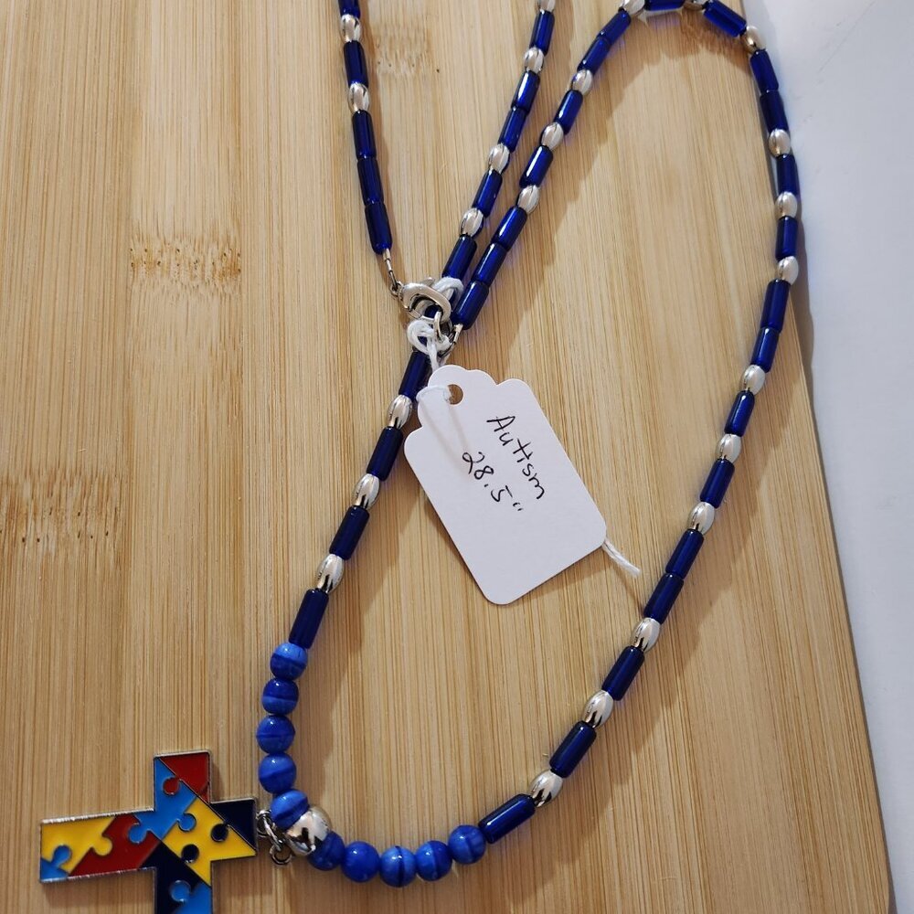 Hand Crafted Pendant Necklace Beaded Autism Charm Blue Silver Yellow 28.5" - Picture 2 of 5